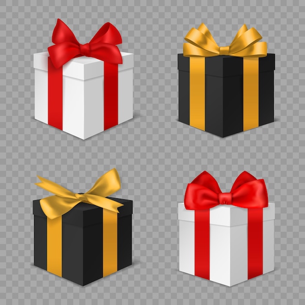 Gift box with bow. Black and white square closed christmas presents with red and gold bows side view. Holiday xmas and birthday surprises 3d realistic vector isolated on transparent background set