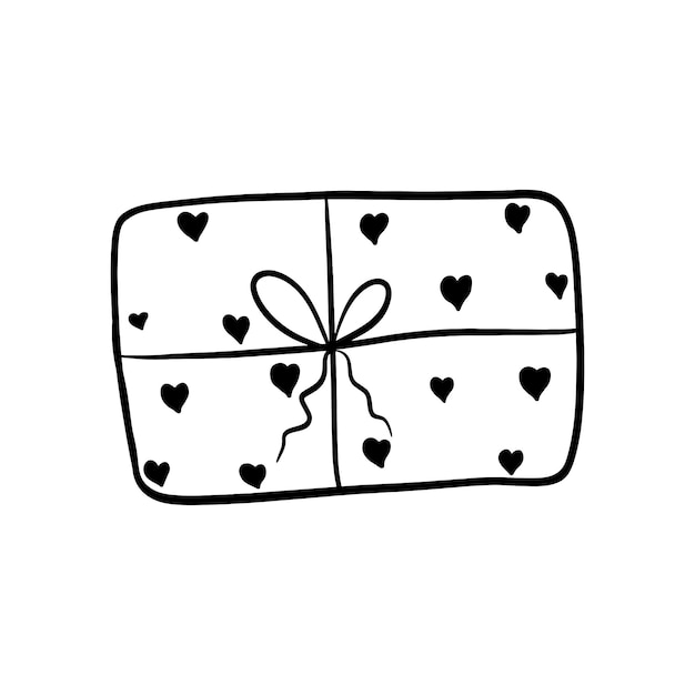 Confezione regalo con fiocco e cuori per la vacanza disegnata in stile doodle. confezione regalo con un regalo