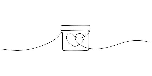 Gift box with heart of love one line continuous drawing. Present on Valentines day, birthday holiday