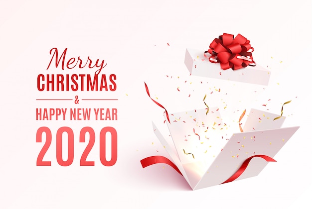 Vector gift box with red ribbon and bow. merry christmas and happy new year banner.