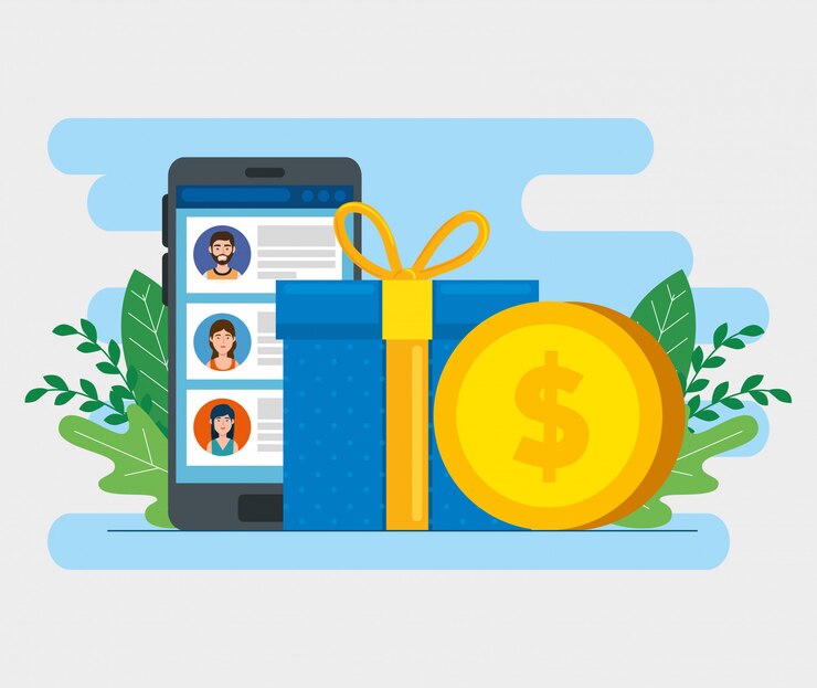 Vector gift box with smartphone and coin isolated icon
