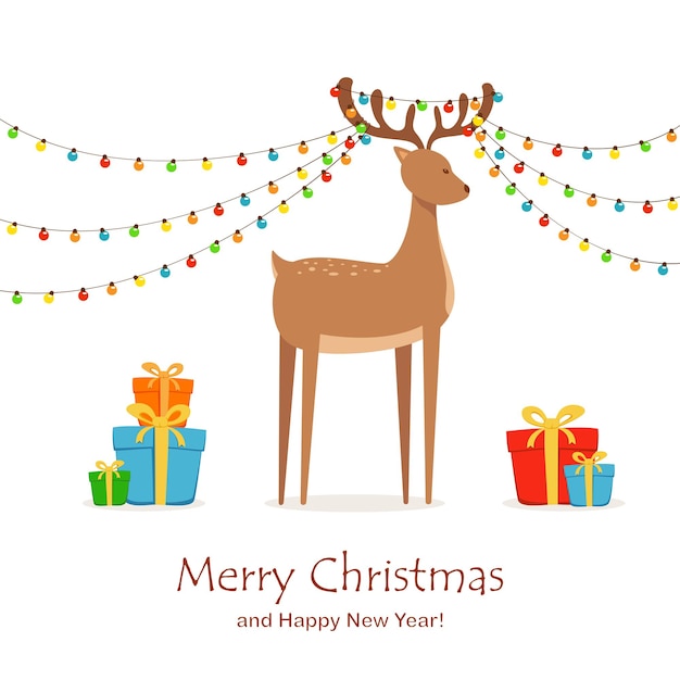 Подарочные коробки и олени, держащиеся на рогах, красочные рождественские огни на белом фоне. Иллюстрация может быть использована для дизайна праздников, открыток, детской одежды или вещей, приглашений, баннеров.