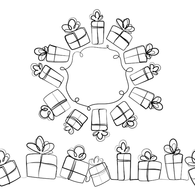 Gift boxes design elements set for holiday decoration.Round frame with gifts and seamless border