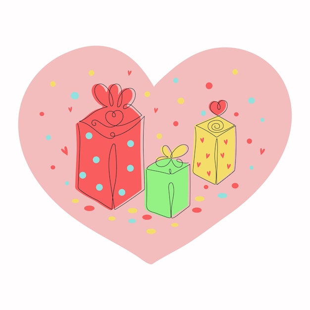 Gift boxes drawings line art beautiful holiday packaging drawn with one line heart shape holiday birthday vector illustration on isolated background