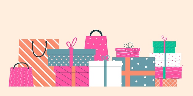 Vector gift boxes flat style presents and shopping bags banner with decorative box and packaging vector congrats elements background illustration of gift surprise with ribbon