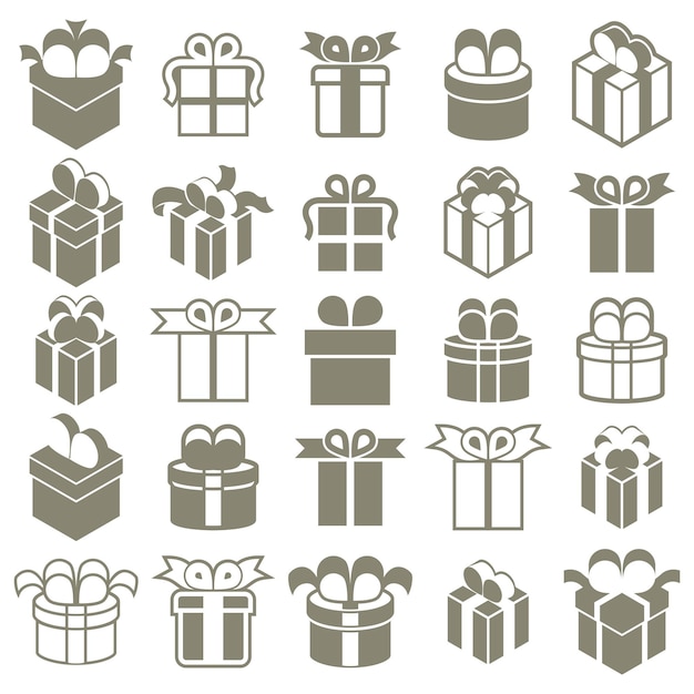 Icone di scatole regalo isolate su sfondo bianco insieme vettoriale, simboli semplicistici a sorpresa collezioni vettoriali.