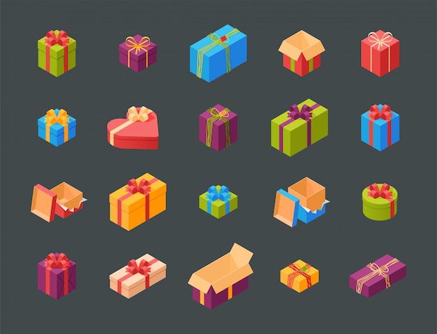 Gift boxes pack composition event greeting isometric birthday   illustration.