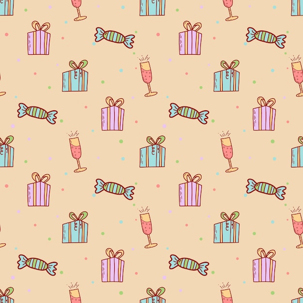 Gift boxes seamless pattern hand drawn doodle style birthday party presents flat vector illustration