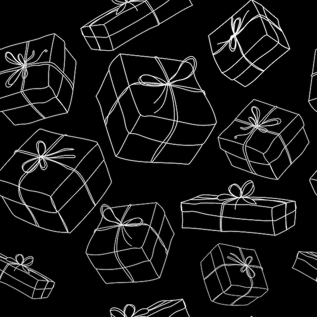 선물 상자 검은 배경에 원활한 패턴 라인 그리기입니다. 상자와 원활한 배경입니다. 벡터