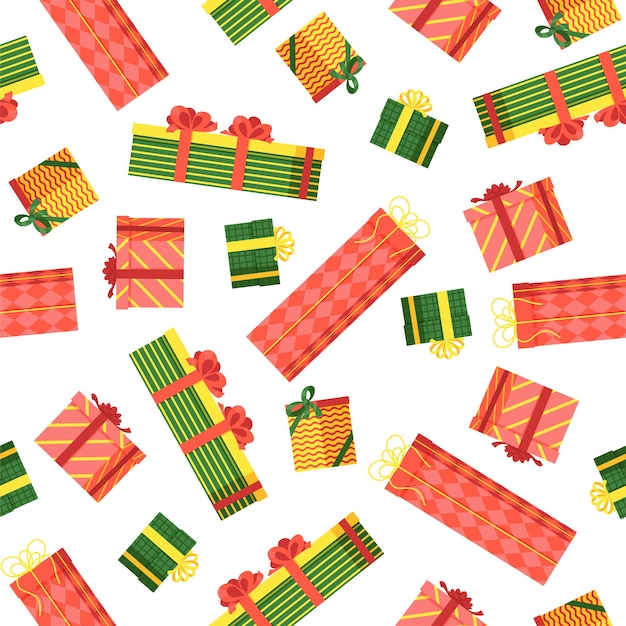 Vector gift boxes seamless pattern yellow red green