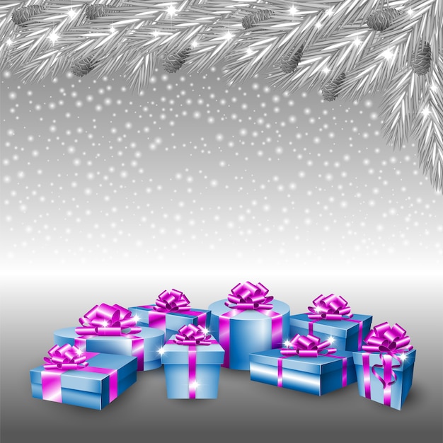 Gift boxes and silver christmas tree