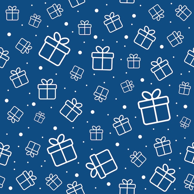 Gift boxes and snow Vector seamless pattern Classic blue trendy color Minimal background