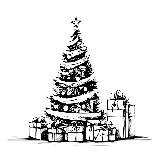 Vector gift boxes under the tree christmas tree vector christmas sketch