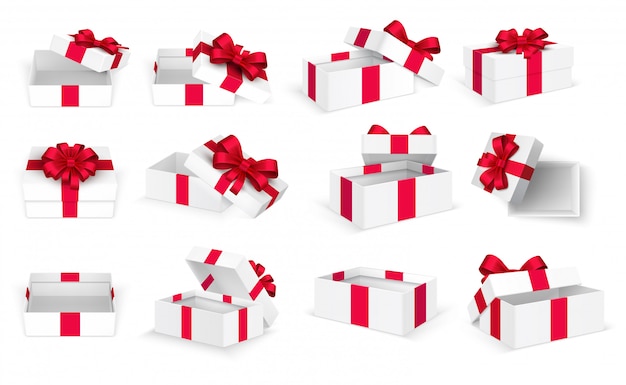 Scatole regalo. scatola vuota presente aperta bianca con fiocco rosso e nastri. modello di natale e san valentino