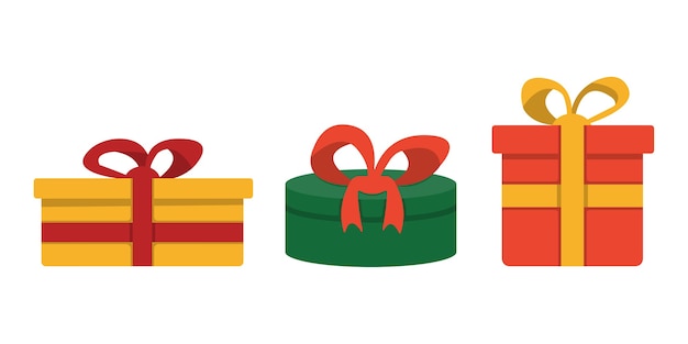 Scatole regalo con archi fumetto illustrazione isolati su sfondo bianco. decorazioni natalizie confezioni regalo.
