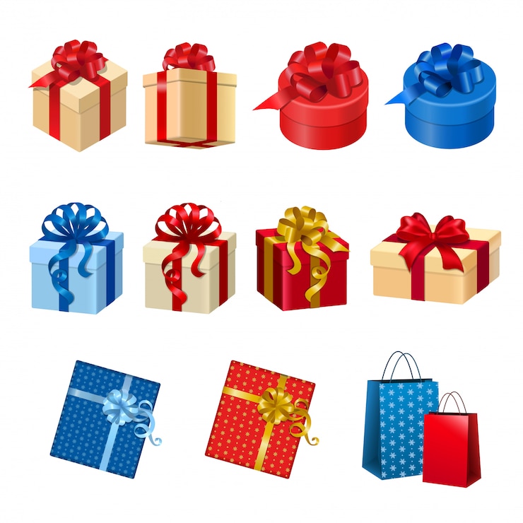Vector gift boxes with bows of ribbon and bags illustration set