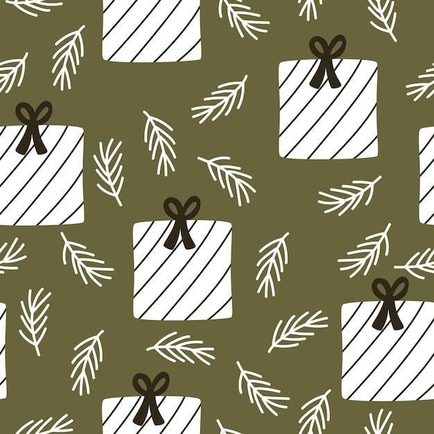 Gift boxes with Christmas tree branches on a green background. Seamless vector Christmas pattern.