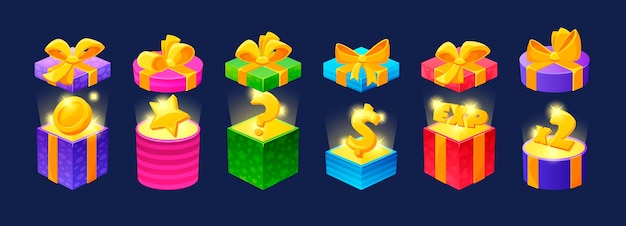 Gift Boxes With Different Assets And Magic Light Inside Open Crates With Money Coin Star and Question Sign