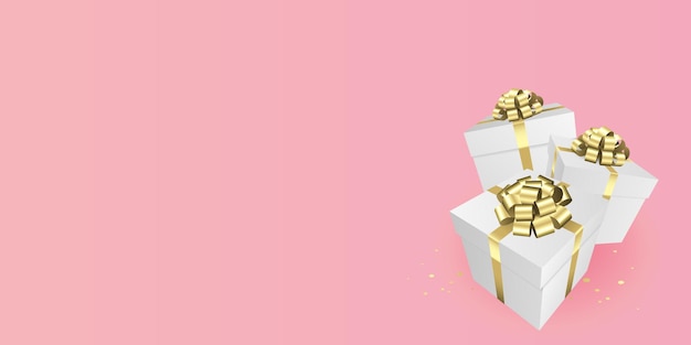 Scatole regalo con un banner di design con fiocco dorato sfondo del regalo di natale e di compleanno