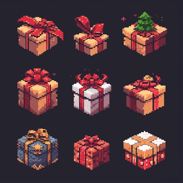 Gift_boxes_with_red_ribbons_pixel_art_set