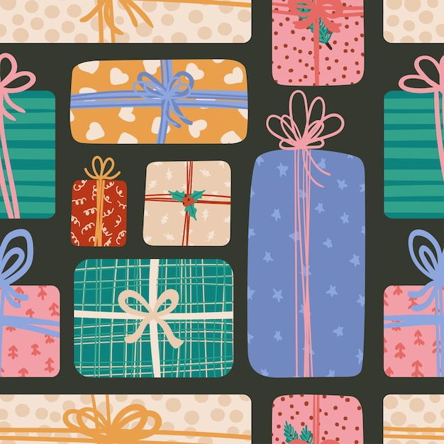 리본과 리본이 있는 선물 상자 다른 모양과 크기의 원활한 패턴 선물