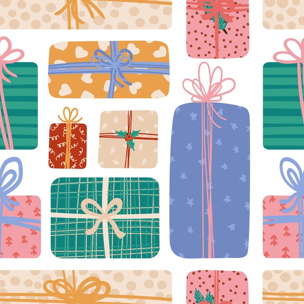 Vector gift boxes with ribbon seamless pattern christmas holiday or birthday sale shopping vector texture
