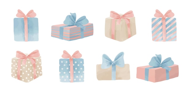 Gift Boxes with Ribbons and Bows Watercolor Presents for Birthday or Christmas in pastel pink and blue colors Hand drawn Giftboxes for Party