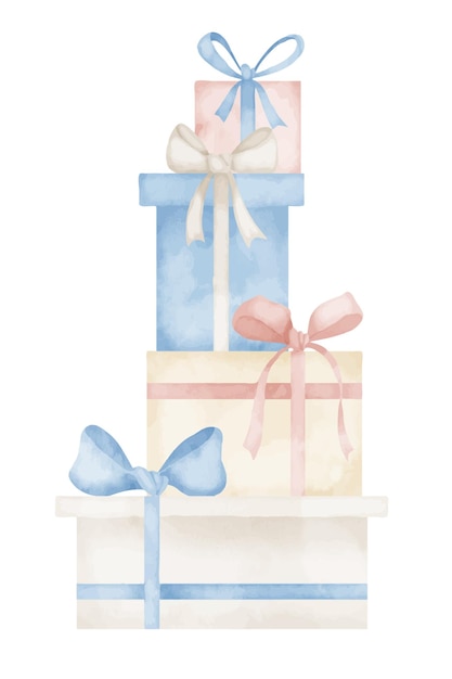 파스텔 파란색과 분홍색의 리본이 있는 선물 상자 손으로 그려진 수채화 일러스트레이션과 고립된 배경에 선물 생일 축하 카드 또는 초청을 위한 수평 구성