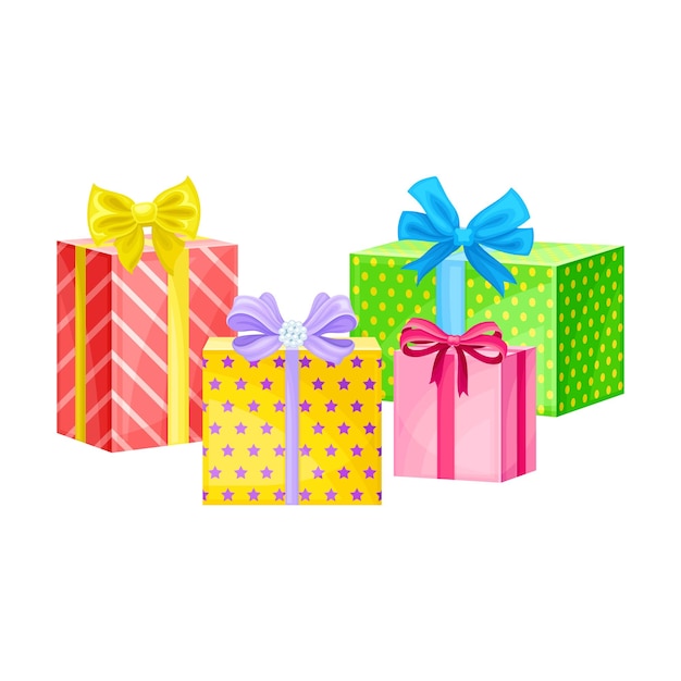 Gift Boxes Wrapped in Colorful Cover Paper and Tied with Ribbon Vector Illustration