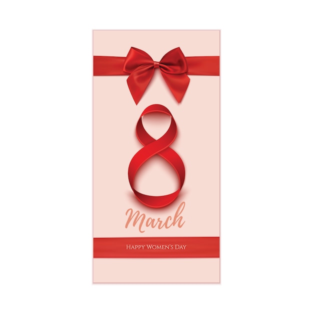 빨간 리본 및 활 선물 카드, 배너 또는 포스터 템플릿. 여성의 날 배경.