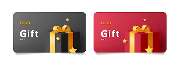 Gift card template with 3d illustration of gift box with golden ribbon and star confetti in black and red colors