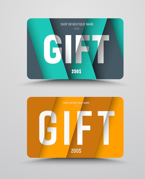 gift card template with floating sheets of paper and text at different height levels.