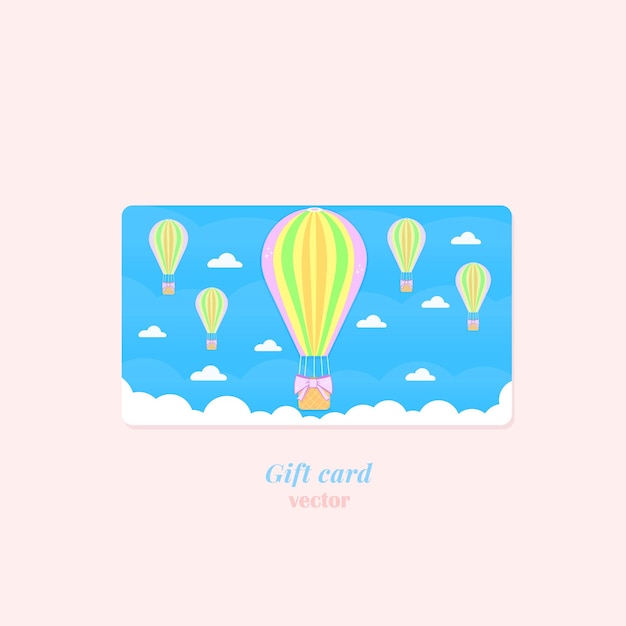 파란색 배경에 바구니와 구름이 있는 풍선이 있는 선물 카드