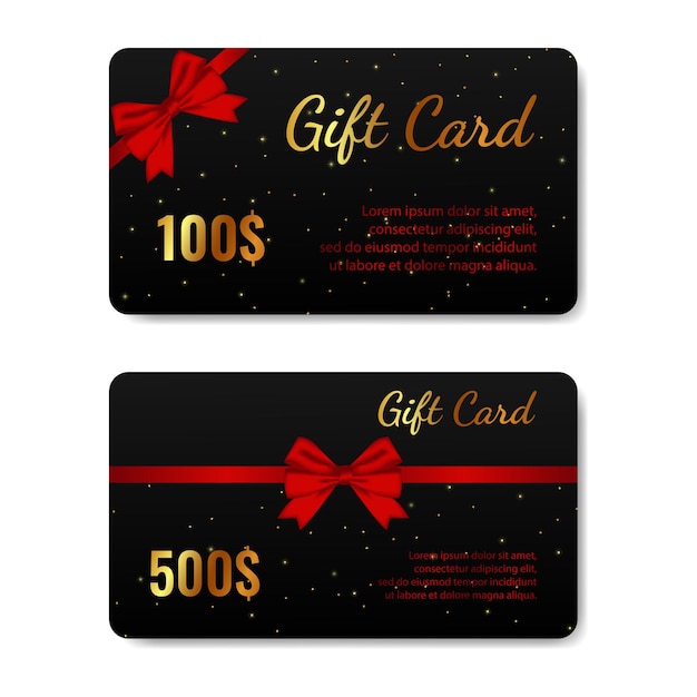 Gift cards with red bow and gold templates set