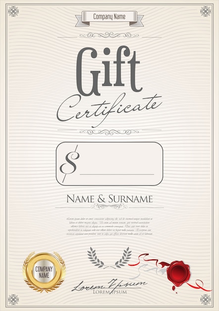 Vector gift certificate with golden seal and design border