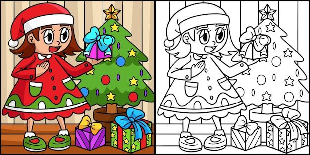 Gift and christmas tree coloring page illustration