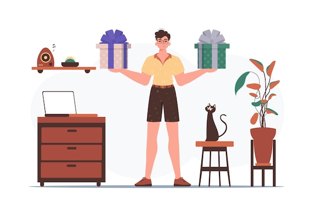 Vector gift concept for christmas or new year the guy is holding a gift