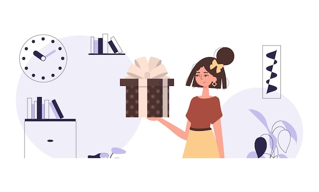 Vector gift concept for christmas or new year a young woman holds a gift in her hands