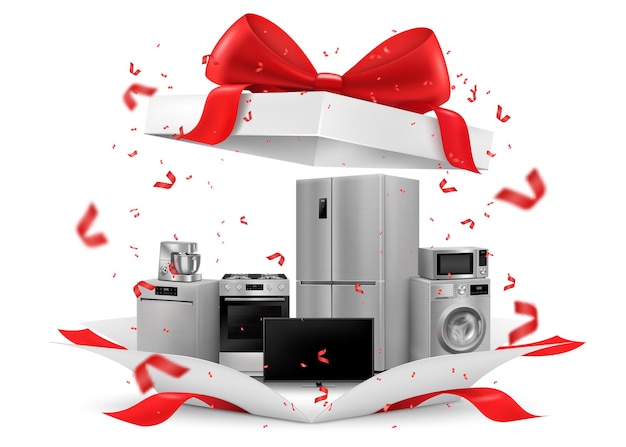Concetto regalo elettrodomestici all'interno della confezione regalo frigorifero microonde robot da cucina tv lavatrice fornello a gas isolato su sfondo bianco rendering 3d illustrazione vettoriale realistica