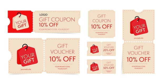 Gift coupon and voucher with promo code on discount set. vintage tear-off shopping ticket, gift card with sale