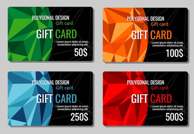 선물 할인 카드 벡터입니다. 여러 가지 빛깔의 다각형 배경, 일러스트와 함께 선물 카드 세트
