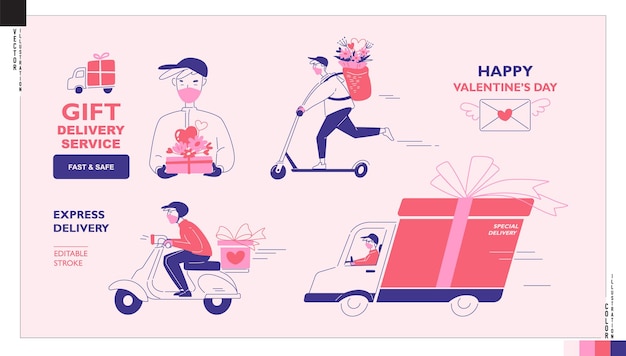 Vector gift and flower delivery man cartoon icons