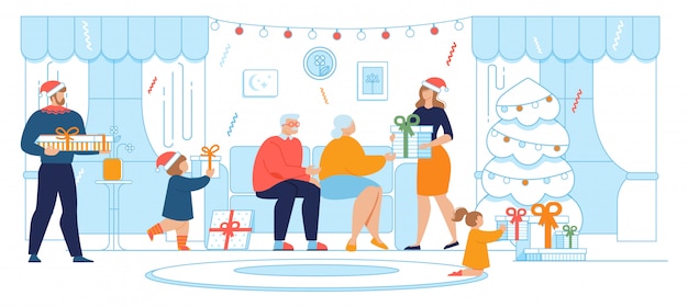 Gift giving on christmas and new year cartoon