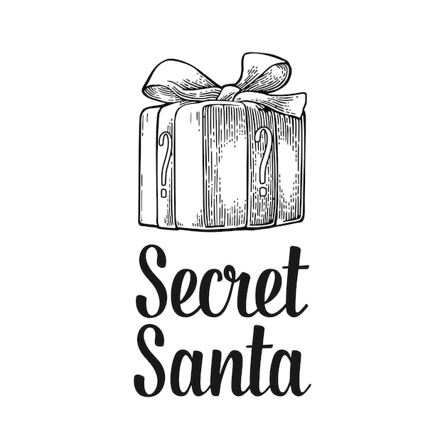 Confezione regalo verde scritta secret santa per buon natale e felice anno nuovo incisione vettoriale