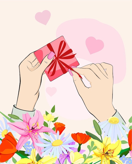 Vector a gift in the hands of a girl romantic postcard