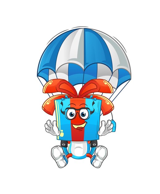 Regalo testa cartone animato paracadutismo personaggio cartone animato mascotte vettore