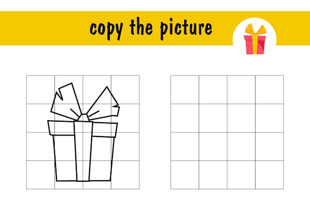 紙の上の赤い箱の子供たちのミニゲームでの贈り物簡単な早い段階でグリッド線を使用して写真をコピーします