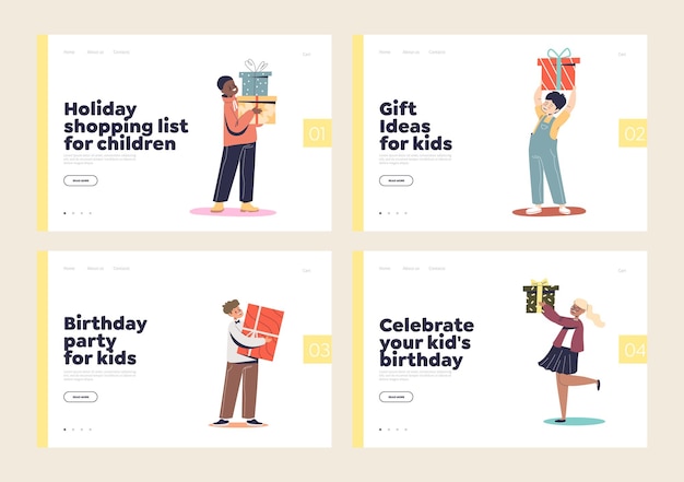 Gift for kids birthday party and holiday shopping for child present concept of landing pages set