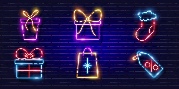 Gift neon signs set Glowing holiday gift icon New Year and Christmas concept Vector illustration for design