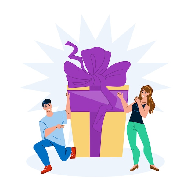 Vector gift offer young man for woman on birthday vector. boyfriend gift offer girlfriend on anniversary or xmas event holiday. characters with present box decorated ribbon and bow flat cartoon illustration